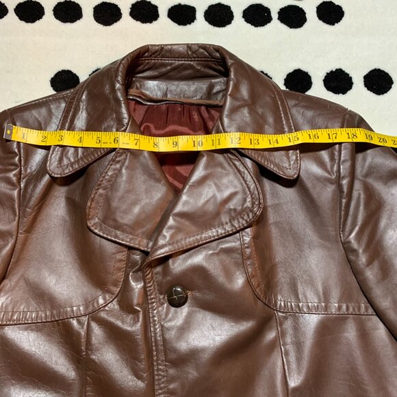 Vintage 70s Chocolate Brown Disco Leather Jacket Retro Mod Trench Coat - Picture 10 of 13